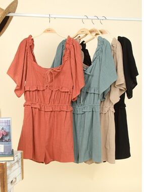 Ruffle Front Romper in Dusty Teal